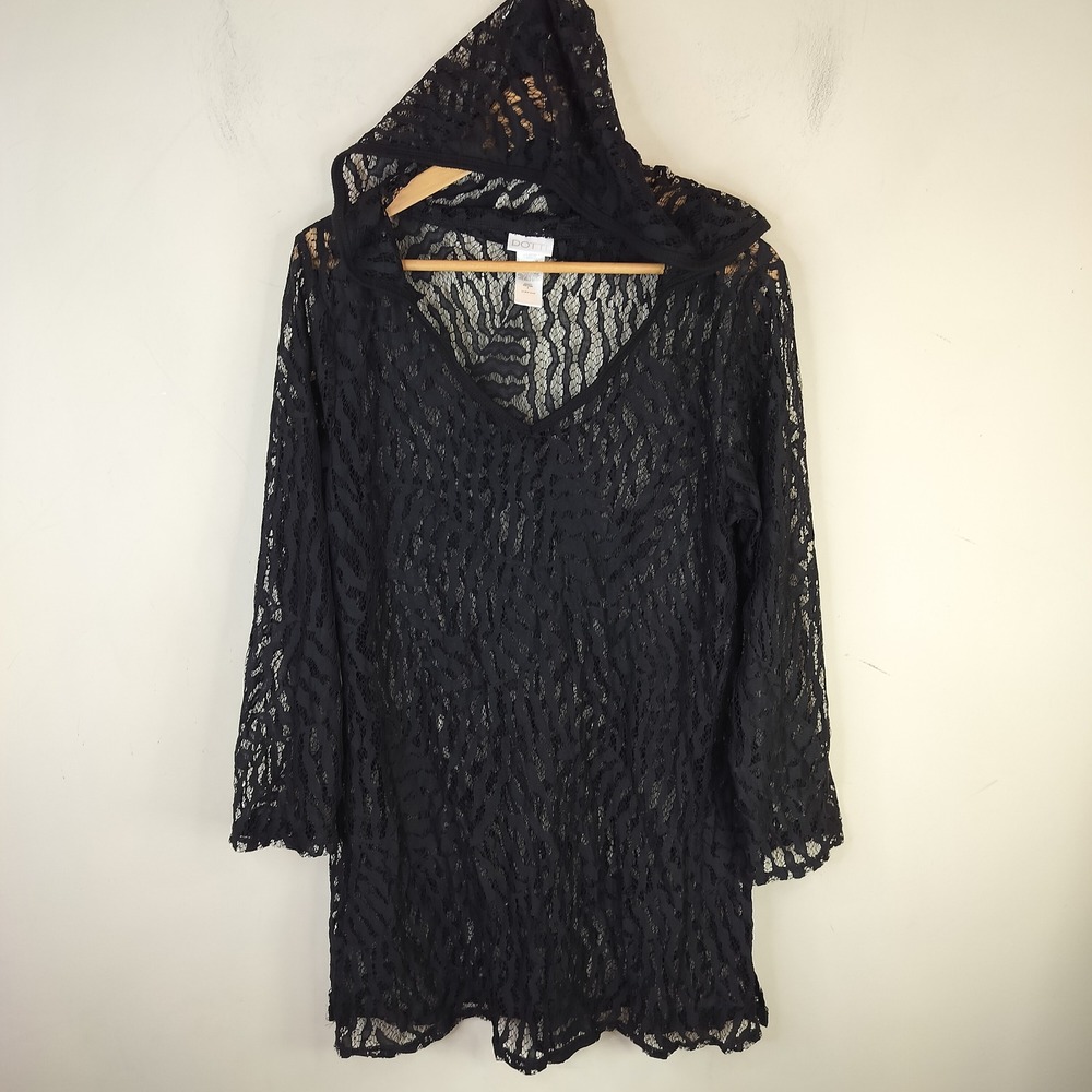 Dotti Lace Hooded Swim Cover Up Womens Small Sheer Beach Black